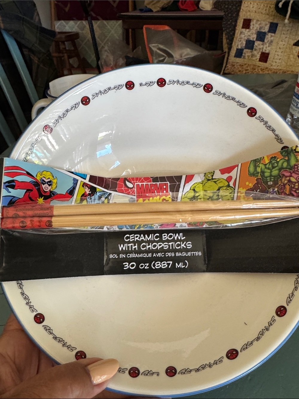 Marvel White Ceramic Bowl with Chopsticks - Comic Strip Design